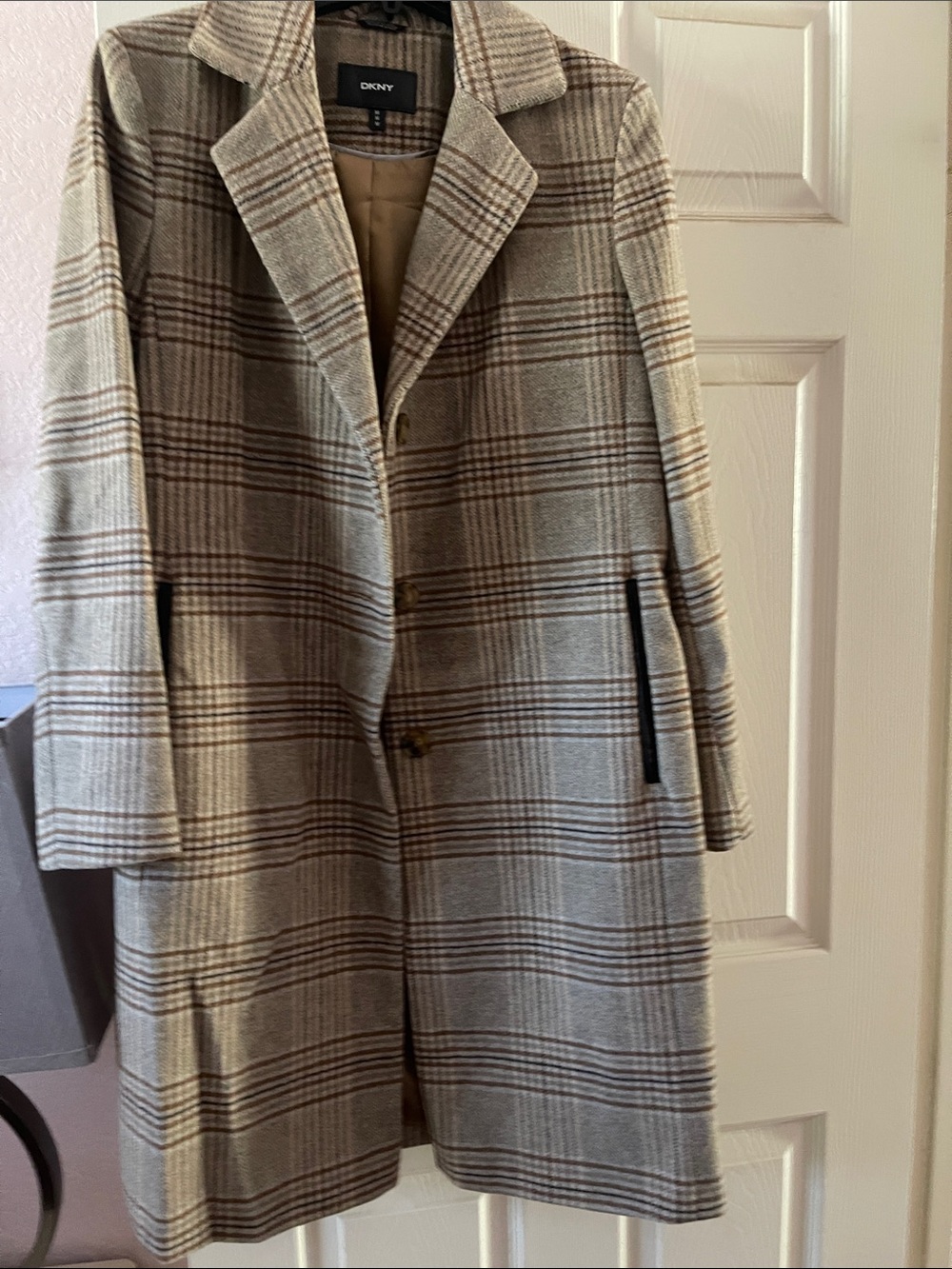 DKNY Beige and Brown Plaid Pea Coat - Picture 10 of 11